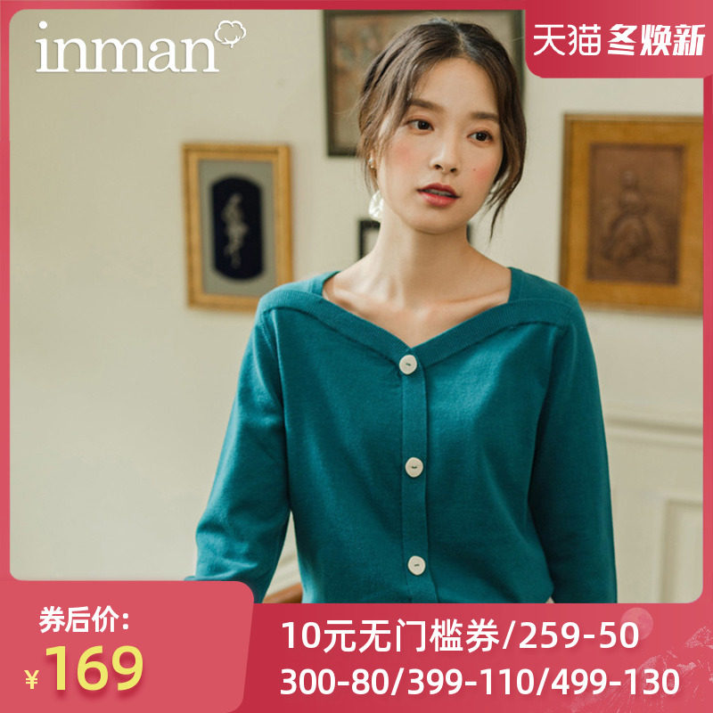 茵曼洋气减龄V领针织衫露锁骨毛衣2020秋冬新款短款外穿上衣外套