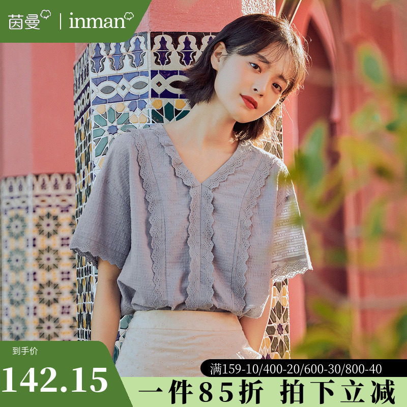 茵曼旗舰店纯棉短袖衬衫女2023夏季新款复古v领绣花上衣蕾丝衬衣