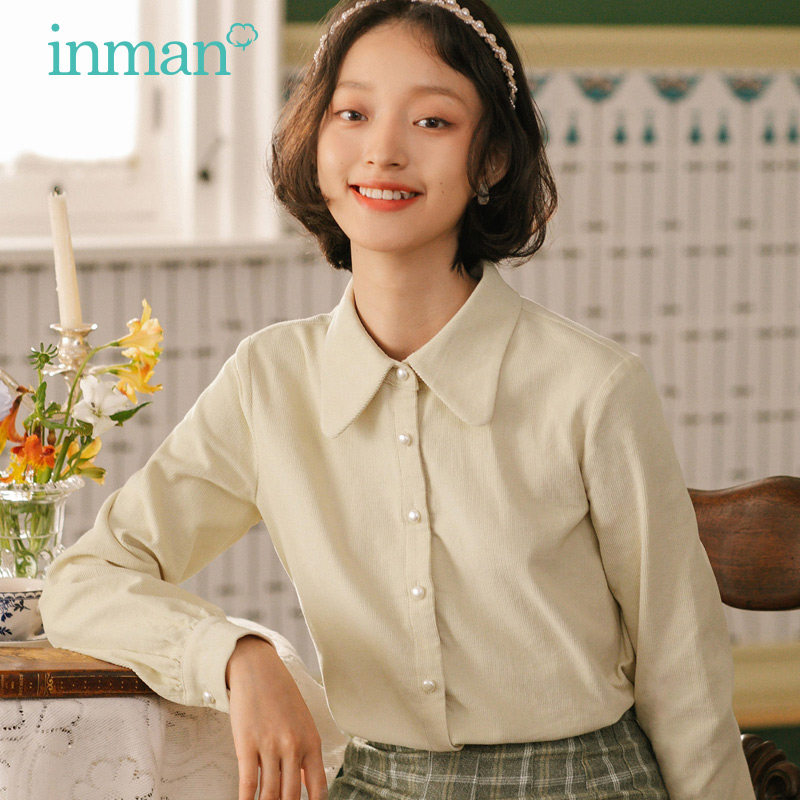 茵曼灯芯绒衬衫2020秋冬新款法式优雅珍珠扣上衣复古加厚长袖衬衣
