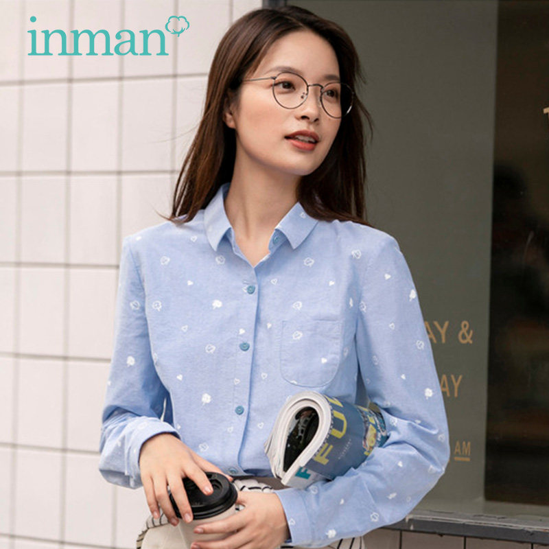 茵曼长袖衬衫2020秋装新款可甜可盐外穿纯棉上衣小众减龄印花衬衣