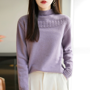 重工镶钻半高领女秋冬羊毛镂空钩花加厚针织毛衣宽松气质打底衫