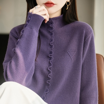 复古花边纽扣半高领针织衫毛衣女秋冬新款加厚洋气显瘦内搭上衣