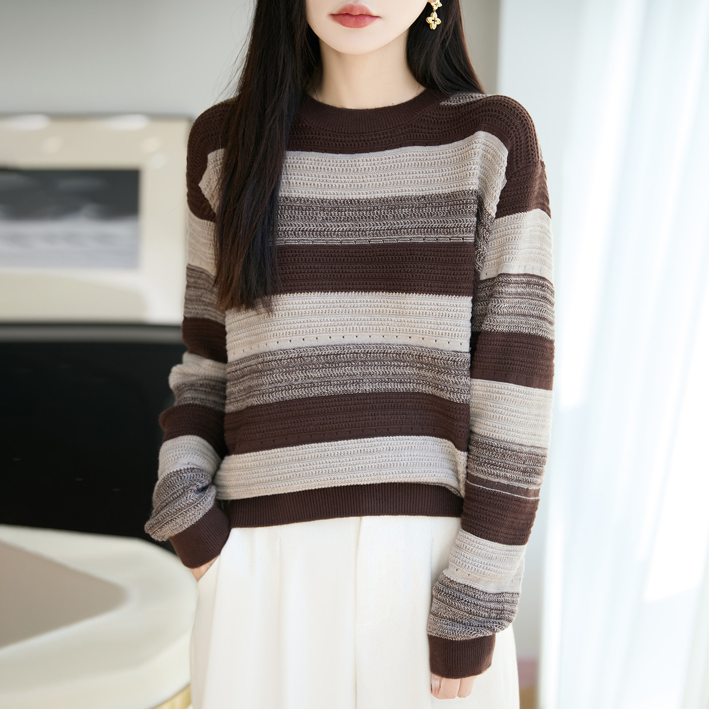 复古慵懒风美拉德条纹精纺针织衫女秋冬加厚宽松显瘦百搭打底毛衣
