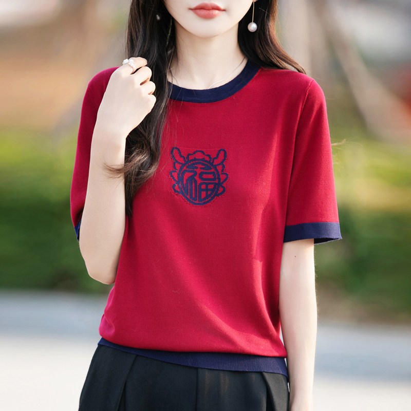 高端福字天丝针织短袖女夏季新款大码女装拼色薄款上衣设计感圆领