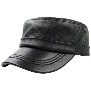帽子男款真皮帽子男士秋冬新款户外休闲羊皮平顶帽黑色皮帽男款