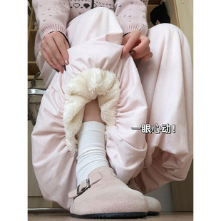 粉色加绒花苞糯米裙裤女秋冬羊羔绒大码胖MM小个子阔腿软糯灯笼裤