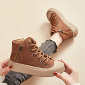 女2025新款 平底大码 女鞋 黑色加绒高帮鞋 41一43秋冬百搭复古板鞋 潮