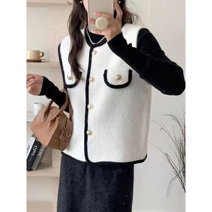 洋气仿水貂绒小香风马甲女轻奢拼色针织背心外搭叠穿坎肩马夹上衣