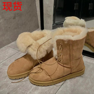 宋妍霏同款系带雪地靴2022秋冬羊毛一体中筒雪地鞋加绒加厚女神靴