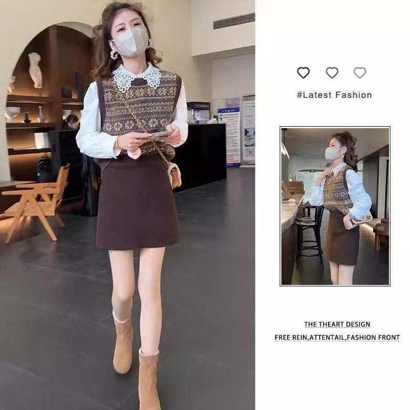 春季高级感穿搭女小个子洋气提花针织马甲气质短裙三件套装潮