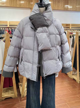 MLC美丽穿2025短款龟背羽绒服女连帽宽松保暖外套冬季灰色带围脖