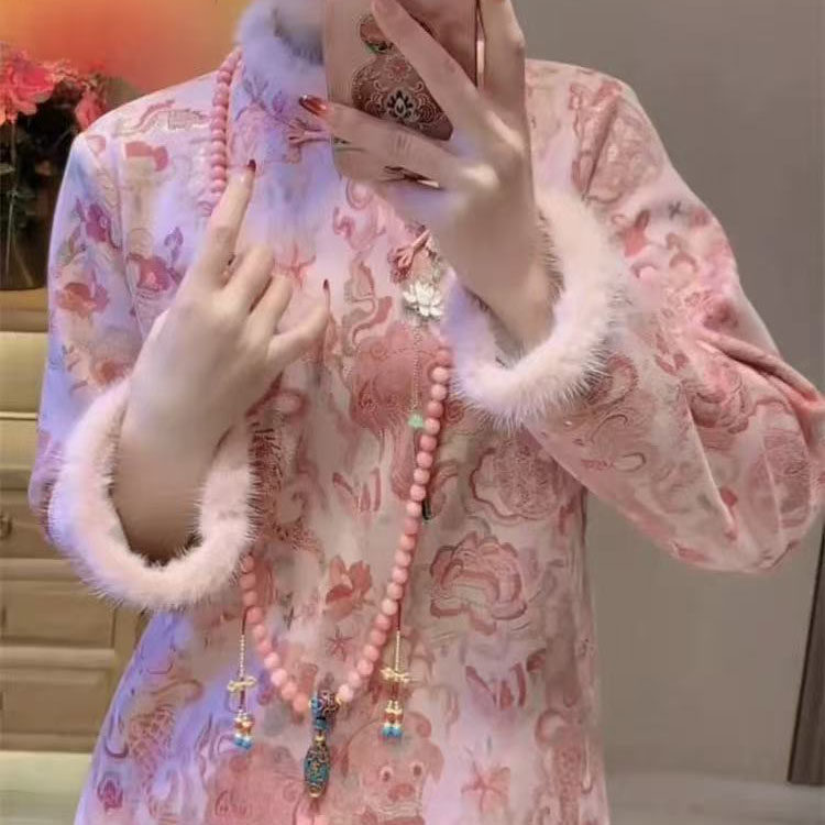 新中式国风提花加绒长袖连衣裙女