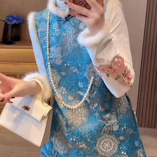 旗袍马甲裙套装 2025年秋冬季 精致减龄毛毛边国风打底衫 时尚 女 新款