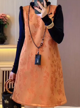 新中式国风改良无袖旗袍裙打底衫两件套女秋冬新款高端提花连衣裙