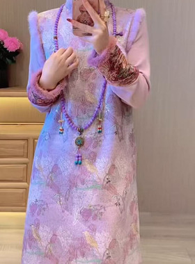 新中式国风复古改良旗袍长款毛边背心连衣裙打底衫套装女装秋冬季