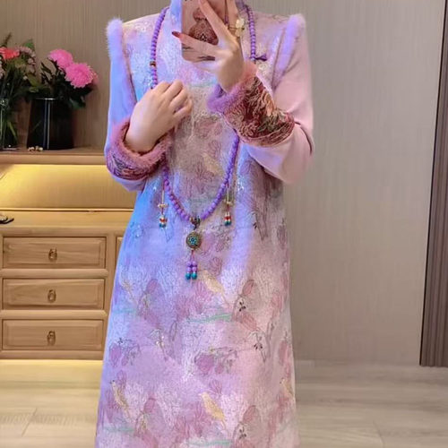 国风长款毛边背心连衣裙打底衫女