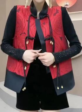 2024秋季网红新款时尚新中式国风复古盘扣拼接撞色百搭显瘦马甲女