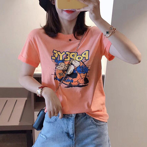 RM13924#韩版宽松短袖t恤女夏季设计感洋气卡通印花体恤洋气正肩打底上衣