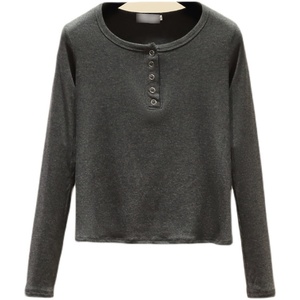 RM23645#美式正肩长袖t恤女秋季设计感半开领纯棉修身打底衫