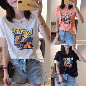 RM13924#韩版宽松短袖t恤女夏季设计感洋气卡通印花体恤洋气正肩打底上衣