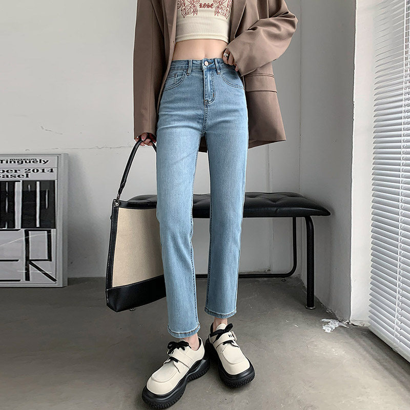 150cm小个子浅蓝色直筒牛仔裤女2024新款高腰显瘦九分窄版烟管裤