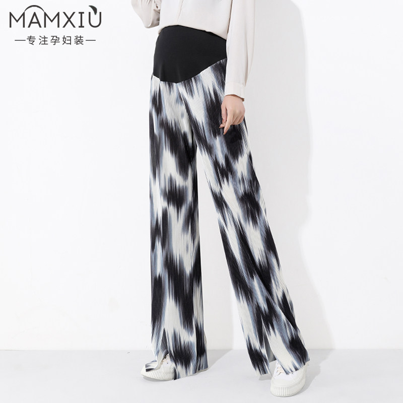孕妇阔腿裤夏季2023新款扎染开叉花裤子百褶宽松显瘦外穿托腹裤子