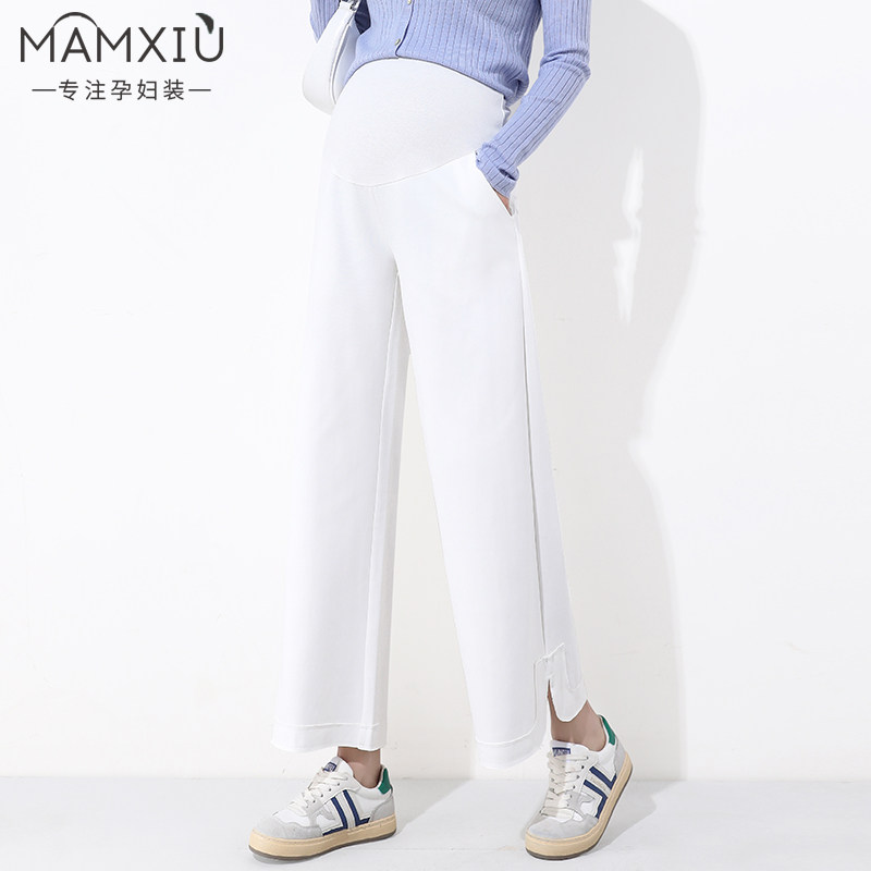 孕妇裤春季新款九分开叉阔腿裤宽松显瘦拼接纯棉时尚外穿托腹裤子