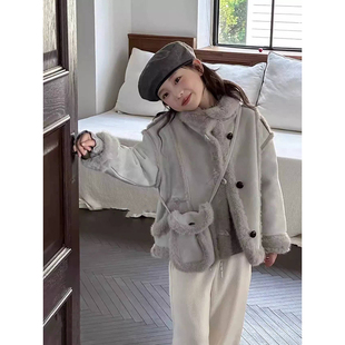 女童皮毛一体外套秋冬装2025新款女孩加厚毛毛上衣抗风机车服洋气