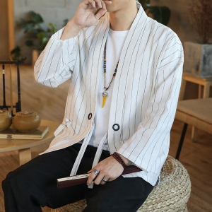178 风秋季新款男士条纹外套复古开衫汉服P55 模特图 白色图片