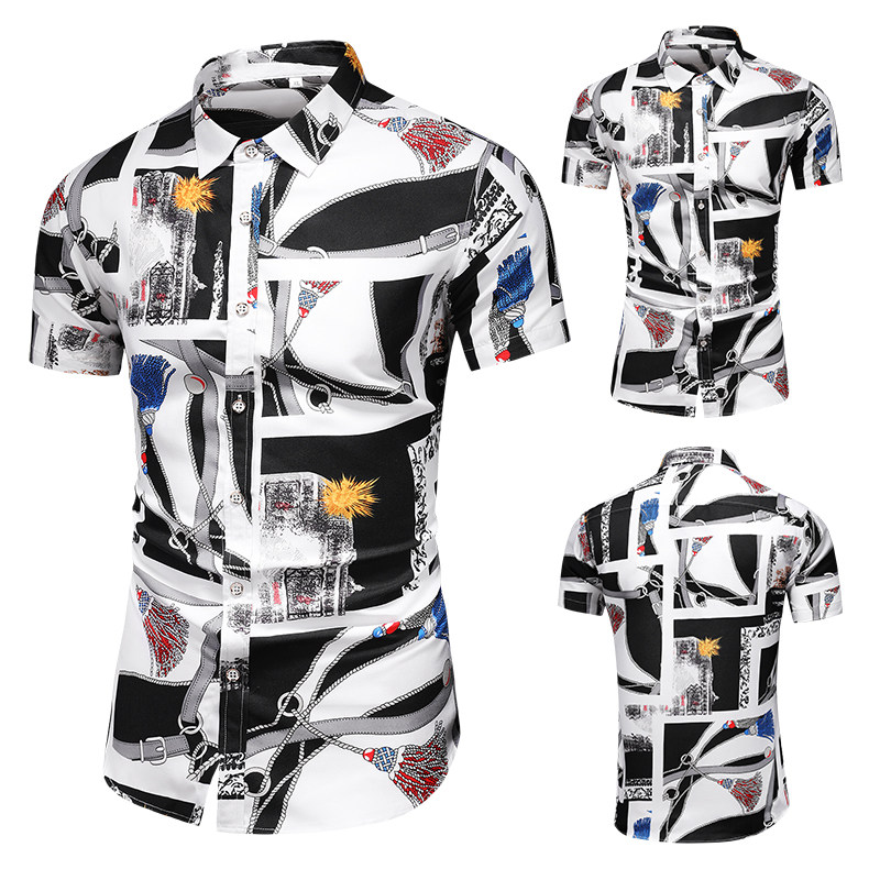 C323新款男士休闲大码印花短袖衬衫P30镂空图，男装衬衫，星座1615