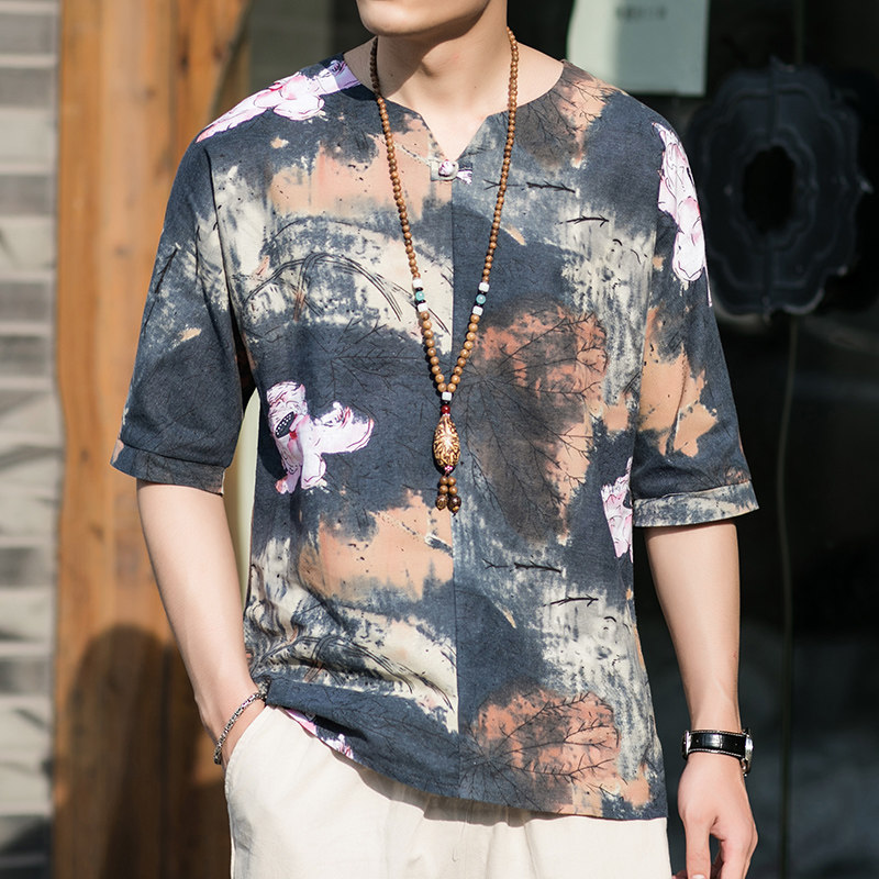 2022夏新款风盘扣短袖花T恤大码男士中式T恤T105-P25模特图,男装T恤,星座1615
