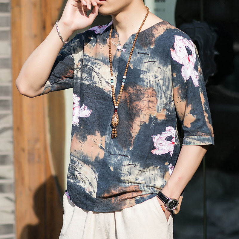 2022夏新款风盘扣短袖花T恤大码男士中式T恤T105-P25模特图,男装T恤,星座1615
