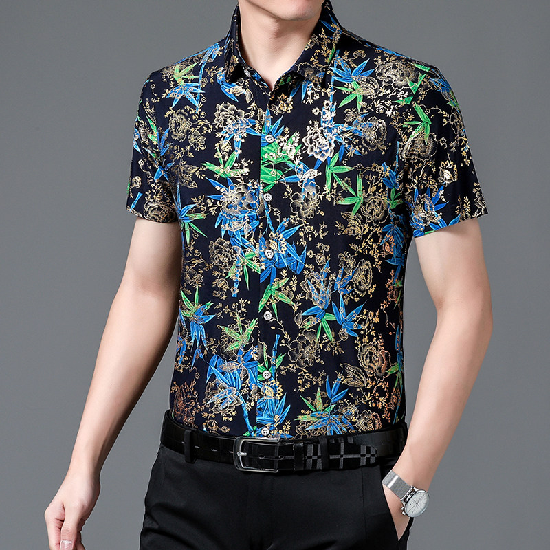 655新款男士短袖衬衫商务休闲时尚烫金花衬衫上衣P30,男装衬衫,星座1615