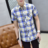 C2011新款男士夏季大码休闲格子短袖衬衫P35黄格模特图，男装衬衫，星座1615