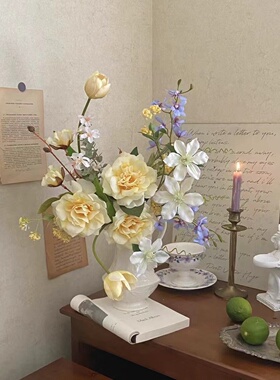 原创设计小众法式复古中古淡黄色仿真花成品花束玫瑰假花餐桌装饰