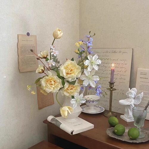 原创设计淡黄色仿真花玫瑰花束