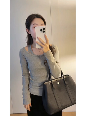 “半糖 小露肩”竹节慕斯软弹亲肤小心机半门襟假两件显瘦上衣