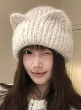 2026新款可爱猫耳针织帽子女生秋冬季保暖护耳显脸小灰色毛线冷帽