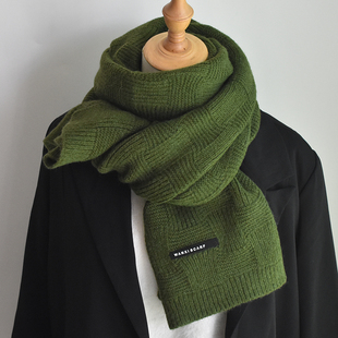 纯色墨绿色小香风格子毛线针织围巾女冬季韩版百搭长款保暖围脖潮