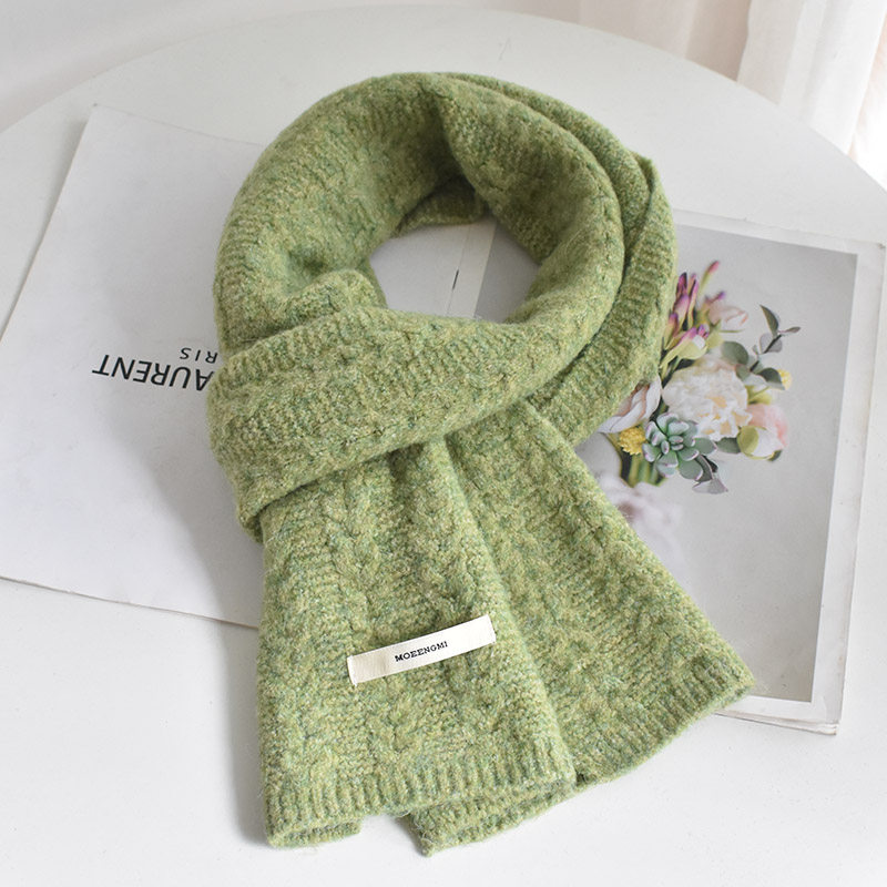 绿色针织毛线围巾女秋冬季韩版百搭保暖加厚纯色学生麻花情侣围脖