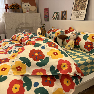 浪漫花卉水洗棉四件套床上用品被套学生宿舍床单三件套被单 美式