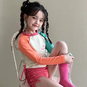307女童泳衣分体长袖 儿童泳衣撞色 新款 防晒平角裤 多巴胺女孩夏季