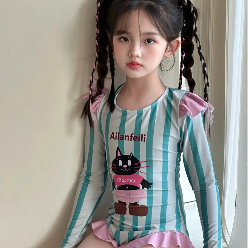儿童泳衣女童连体速干防晒撞色小平角韩系拉链女宝保守泳装婴儿