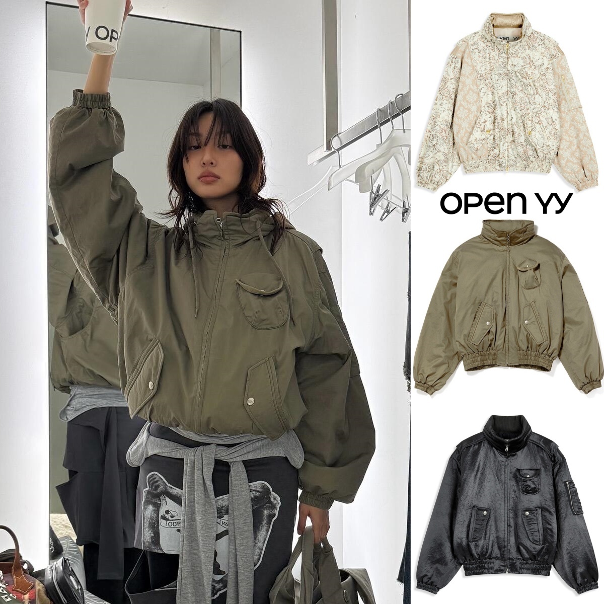 韩国代购openyy 25秋冬新款复古立领短款多口袋飞行员夹克外套女