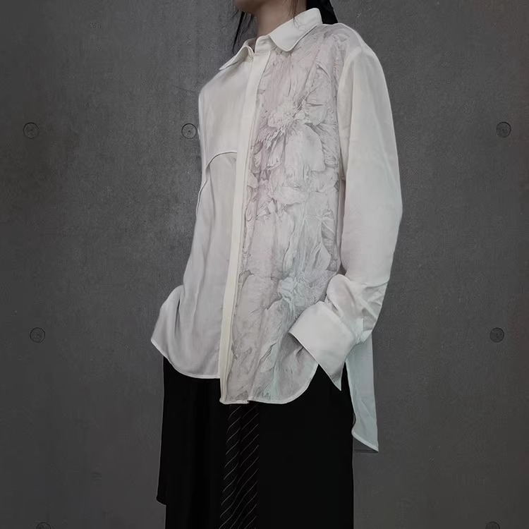 2025秋季花嫁衬衫女设计感小众宽松中长款伊藤芍药印花长袖衬衣
