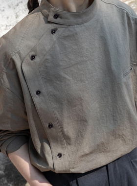 2025新中式复古灰咖色立领衬衫小众别致高级设计感长袖工匠风上衣