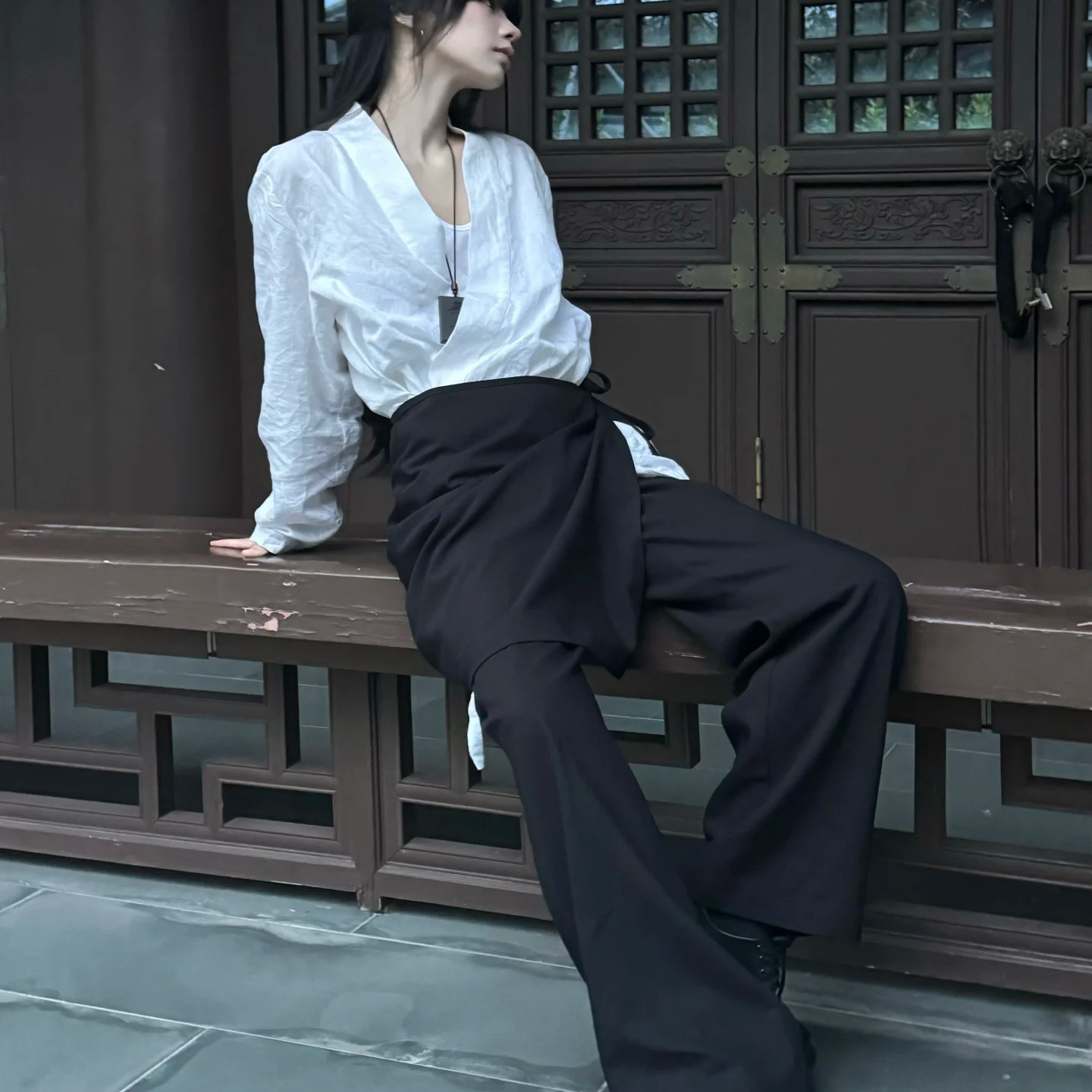 山本暗黑休闲垂感侧系带叠穿裤裙