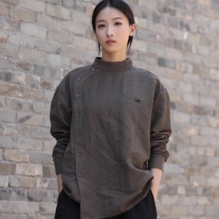 工匠风上衣 小众别致简约高级设计长袖 新中式 禅意复古斜扣立领衬衫