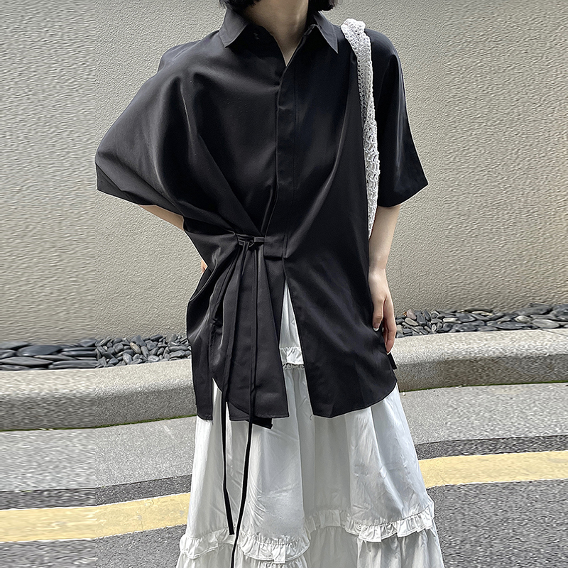 小众设计师款系带宽松衬衫女2023夏季新款中性山本暗黑风短袖T恤