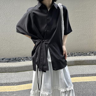 暗黑风小众设计师款系带休闲宽松衬衫女2026夏季新款中性短袖T恤